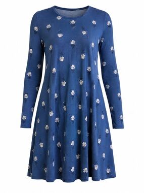 Old Navy | Blue Floral Long-Sleeve Jersey Swing Dress | Women’s Size: M